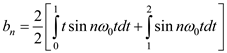 Refer to periodic waveform in Figure P15.22 in the textbook. The voltage expression is,   The period is,   The fundamental frequency is,   The trigonometric Fourier series coefficients are,   Calculate the trigonometric Fourier series coefficient   .     Calculate the trigonometric Fourier series coefficient   .   It is known that,   Therefore,   Substitute   for   .   Calculate the trigonometric Fourier series coefficient   .   It is known that,   Therefore,   Substitute   for   .   Therefore, the trigonometric Fourier series coefficients are,   .