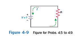 In Probs. 4.5 to 4.9, solve for the voltage, V , when I and R are known. As a visual aid, it may be helpful to insert the values of I and R into Fig. 4-9 when solving for V  A lightbulb drawing 1.25 A of current has a resistance of 96 . How much is the voltage across the lightbulb  