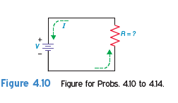 In Probs. 4.10 to 4.14, solve for the resistance, R , when V and I are known. As a visual aid, it may be helpful to insert the values of V and I into Fig. 4-10 when solving for R. a. V = 6 V, I = 1.5 A, R = b. V = 24 V, I = 4 A, R =