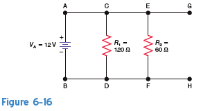 In Fig. 6-16, how much voltage is across points a. A and B b. C and D c. E and F d. G and H