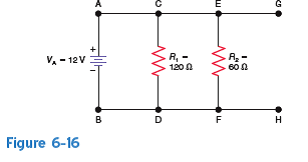 In Fig. 6-16, how much voltage will be measured across points C and D if R 1 is removed from the circuit