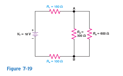 In Fig. 7-19, a. how much is the total resistance of just R 1 and R 4 b. what is the equivalent resistance of R 2 and R 3 across points A and B c. how much is the total resistance, R T , of the entire circuit d. how much is the total current, I T , in the circuit e. how much current flows into point B and away from point A