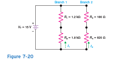 In Fig. 7-20, a. what is the total resistance of branch 1  b. what is the total resistance of branch 2  c. how much are the branch currents I 1 and I 2  d. how much is the total current, I T , in the circuit  e. how much is the total resistance, R T , of the entire circuit  f. what are the values of V 1 , V 2 , V 3 , and V 4  
