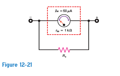 Calculate the value of the shunt resistance, R S , needed to extend the range of the meter movement in Fig. 12-21 to (a) 100 A; (b) 1 mA; (c) 5 mA; (d) 10mA; (e) 50 mA; (f) 100 mA.