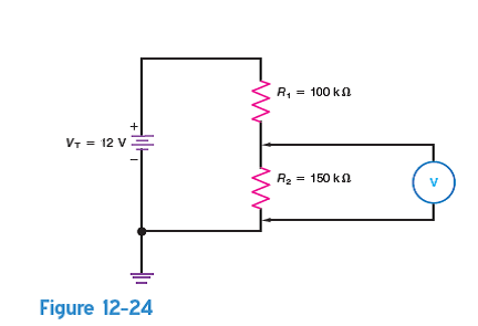 Refer to Fig. 12-24. (a) Calculate the dc voltage that should exist across R 2 without the voltmeter present.(b) Calculate the dc voltage that would be measured across R 2 using a 10 k /V analog voltmeter set to the 10-V range. (c) Calculate the dc voltage that would be measured across R 2 using a DMM having an R V of 10 M on all dc voltage ranges.