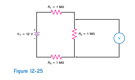 Refer to Fig. 12-25. (a) Calculate the dc voltage that should exist across R 2 without the voltmeter present.(b) Calculate the dc voltage that would be measured across R 2 using a 100 k /V analog voltmeter set to the 10-V range. (c) Calculate the dc voltage that would be measured across R 2 using a DMM having an R V of 10 M on all dc voltage ranges.