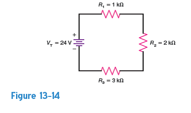 In Fig. 13-14, assume R 1 becomes open. How much is a. the total resistance, R T b. the series current, I c. the voltage across each resistor, R 1 , R 2 , and R 3