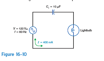 In Fig. 16-10, the capacitor and the lightbulb draw400 mA from the 120-Vac source. How much current flows a. to and from the terminals of the 120-Vac source b. through the lightbulb c. to and from the plates of the capacitor d. through the connecting wires e. through the dielectric of the capacitor
