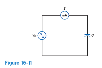 In Fig. 16-11, calculate the capacitive reactance, X C , for the following values of V ac and I a. V ac 5 10 V and I 5 20 mA. b. V ac 5 24 V and I 5 8 mA. c. V ac 5 15 V and I 5 300 A. d. V ac 5 100 V and I 5 50 A.