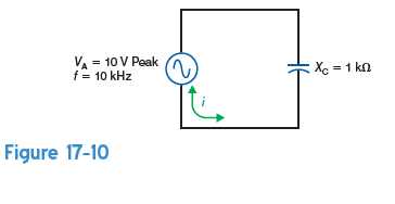 In Fig. 17-10, what is the a. peak value of the capacitor voltage, V C  b. peak value of the charge and discharge current, i C  c. frequency of the charge and discharge current  d. phase relationship between V C and i C  