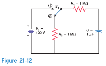 In Fig. 21-12, what is the time constant of the circuit with S 1 in position 2 A) 2 s. B) 5 s. C) 10 s. D) 1 s.