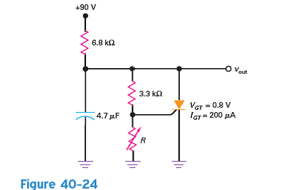 In Fig. 40-24, R is adjusted to 750 . What is the charging time constant for the capacitor What is the Thevenin resistance facing the gate
