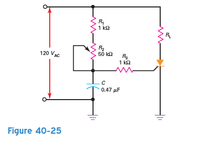 The resistor R 2 in Fig. 40-25 is set to 4.6 k . What are the approximate firing and conduction angles for this circuit How much ac voltage is across C