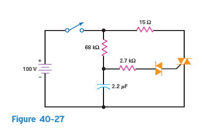 The diac of Fig. 40-27 has a breakover voltage of 20 V, and the triac has a V GT of 2.5 V. What is the capacitor voltage that turns on the triac