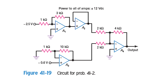 In Fig. 41-19, the circuit is not performing as it should. This schematic is all you have. Determine what the output is supposed to be. Measuring the output, you get a dc voltage value of -12 V. What is the problem