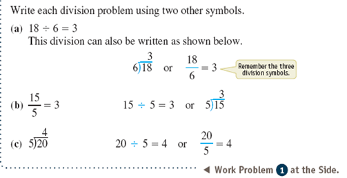 Write each division problem using two other symbols. See Example. Example