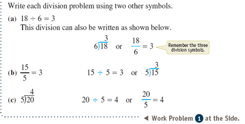 Write each division problem using two other symbols. See Example. Example