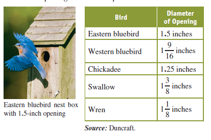 Nest boxes for birds are made with different sizes of entry holes. Then, only certain types of birds can use the nest box and it helps prevent entry by predators. Use the information in the table to answer Exercises 19-20. The diameter is the distance across the opening at its widest point. What is the difference in diameter between the openings for an eastern bluebird and a western bluebird Write your answer as a fraction and as a decimal.