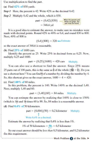Find the part using the multiplication shortcut. See Example.  130% of 60 trees Example    