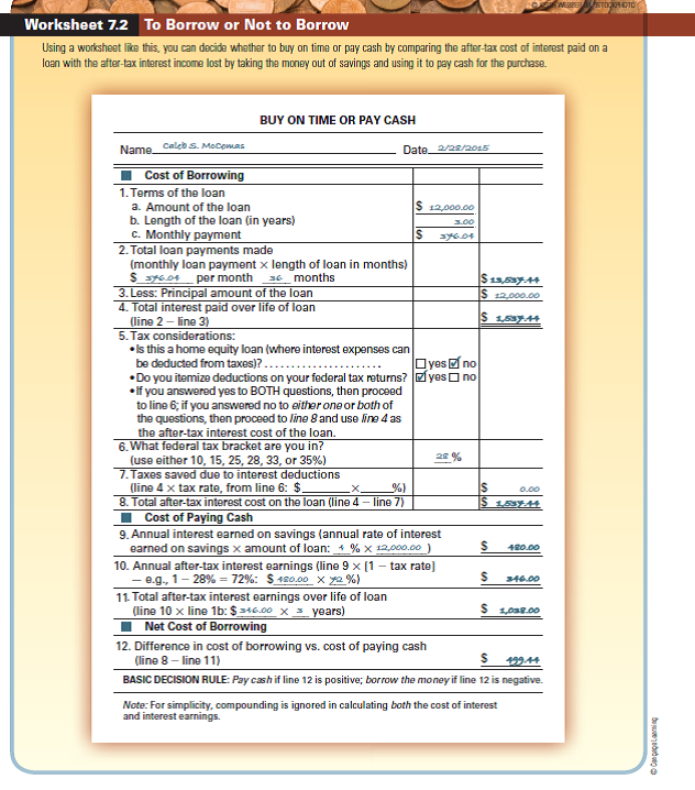 Use Worksheet 7.2. Constance Botin wants to buy a home entertainment center. Complete with a big-screen TV, DVD, and sound system, the unit would cost $4,500. Constance has over $15,000 in a money fund, so she can easily afford to pay cash for the whole thing (the fund is currently paying 5 percent interest, and Constance expects that yield to hold for the foreseeable future). To stimulate sales, the dealer is offering to finance the full cost of the unit with a 36-month installment loan at 4 percent, simple. Constance wants to know: Should she pay cash for the home entertainment center or buy it on time? ( Note: Assume that Constance is in the 28 percent tax bracket and that she itemizes deductions on her tax returns.) Briefly explain. REFERENCE WORKSHEET 7.2:
