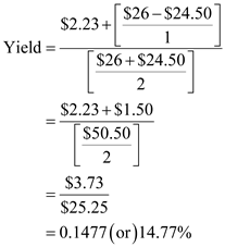 Investor N purchased the stock at $24.50 per share one year ago. The current price of the share is $26.00. And N received the dividend of $0.40 and capital gains of $1.83 per share. Calculate the rate of return using the formula of approximate yield: Substitute $2.23 for income, $26.00 for ending price, and $24.50 for beginning price in the formula: Therefore, rate of return on the investment of N is . The results using a handheld financial calculator would return a figure of 15.22% which closest to the approximate yield calculated above. Calculate the rate of return to know whether N earns 20% return if the current price is $30: Substitute $2.23 for income, $30.00 for ending price, and $24.50 for beginning price in the formula: Therefore, rate of return on the investment of N in this case is . Therefore, N earns more than 20% rate of return if the current price is $30.