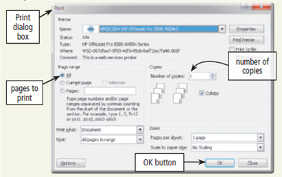 Control Printing on Your Computer When you print using a computer, you control printing at two different points: first, before the printing actually begins, and second, after the document has been sent to the printer and either is physically printing or is waiting to be printed. To set the parameters for printing and then print the document, complete the following steps: 1. Click File on the menu bar of the program that will be used for printing and then click Print on the File menu to display the Print dialog box (Figure). The Print dialog box will vary somewhat depending on the program used. If you are using a program without a menu bar, locate and click the Print command. Figure 2. In the Print dialog box, make the selections for which printer will be used, which pages will be printed, the number of copies to be printed, and any other choices available. For further options, click the Preferences button (or, sometimes, the Properties button) or click the Options button. 3. Click the OK button or the Print button. The document to be printed is sent to a print queue, which is an area on disk storage from which documents actually are printed. When you click the Print button to send the document to the print queue, a printer icon may appear on the Windows taskbar. To see the print queue and control the actual printing of documents on the printer, complete the following steps: 1. If the printer icon appears on the Windows taskbar, double-click it; otherwise, click the Start button on the Windows taskbar, click Control Panel on the Start menu, click the Devices and Printers link, and then double-click the printer icon with the checkmark. The checkmark indicates the default printer. A window opens with the name of the printer on the title bar (Figure). All documents either printing or waiting to be printed are listed in the window. The Status column indicates whether the document is printing or waiting. In addition, the owner of the file, number of pages, size, date and time submitted, and printer port are listed. Figure 2. If you click Printer on the menu bar in the printer window, you can set printing preferences from the Printer menu. In addition, you can pause all printing and cancel all printing jobs from the Printer menu. 3. If you select a document in the document list and then click Document on the menu bar, you can cancel the selected document for printing, or you can pause the printing for the selected document. To continue printing for the selected document, click Document on the menu bar and then click Resume on the Document menu. Start WordPad from the Accessories list. Type Click Print on the File menu to display the Print dialog box.