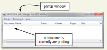 Control Printing on Your Computer When you print using a computer, you control printing at two different points: first, before the printing actually begins, and second, after the document has been sent to the printer and either is physically printing or is waiting to be printed. To set the parameters for printing and then print the document, complete the following steps: 1. Click File on the menu bar of the program that will be used for printing and then click Print on the File menu to display the Print dialog box (Figure). The Print dialog box will vary somewhat depending on the program used. If you are using a program without a menu bar, locate and click the Print command. Figure 2. In the Print dialog box, make the selections for which printer will be used, which pages will be printed, the number of copies to be printed, and any other choices available. For further options, click the Preferences button (or, sometimes, the Properties button) or click the Options button. 3. Click the OK button or the Print button. The document to be printed is sent to a print queue, which is an area on disk storage from which documents actually are printed. When you click the Print button to send the document to the print queue, a printer icon may appear on the Windows taskbar. To see the print queue and control the actual printing of documents on the printer, complete the following steps: 1. If the printer icon appears on the Windows taskbar, double-click it; otherwise, click the Start button on the Windows taskbar, click Control Panel on the Start menu, click the Devices and Printers link, and then double-click the printer icon with the checkmark. The checkmark indicates the default printer. A window opens with the name of the printer on the title bar (Figure). All documents either printing or waiting to be printed are listed in the window. The Status column indicates whether the document is printing or waiting. In addition, the owner of the file, number of pages, size, date and time submitted, and printer port are listed. Figure 2. If you click Printer on the menu bar in the printer window, you can set printing preferences from the Printer menu. In addition, you can pause all printing and cancel all printing jobs from the Printer menu. 3. If you select a document in the document list and then click Document on the menu bar, you can cancel the selected document for printing, or you can pause the printing for the selected document. To continue printing for the selected document, click Document on the menu bar and then click Resume on the Document menu. Start WordPad from the Accessories list. Type Click Print on the File menu to display the Print dialog box.