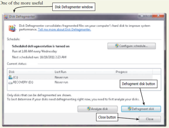 Maintain a Hard Disk A computer's hard disk is used for the majority of storage requirements. It is important, therefore, to ensure that each hard disk on a computer is operating at peak efficiency. Three tasks that maximize disk operations are detecting and repairing disk errors by using the Check Disk utility program; removing unused or unnecessary files and folders by using the Disk Cleanup utility program; and consolidating files and folders into contiguous storage areas using the Disk Defragmenter utility program. a. Check Disk To detect and repair disk errors using the Check Disk utility program, complete the following steps: 1. Click the Start button on the Windows taskbar and then click Computer on the Start menu. 2. When the Computer window opens, right-click the hard disk icon for drive C (or any other hard disk you want to select) and then click Properties on the shortcut menu. 3. In the Properties dialog box, if necessary, click the Tools tab to display the Tools sheet. The Tools sheet contains buttons to start the Check Disk program, the Defragment program, and the Backup program (Figure). Figure 4. Click the Check now button to display the Check Disk dialog box. 5. To do a complete scan of the disk and correct any errors that are found, place a checkmark in the 'Scan for and attempt recovery of bad sectors' check box, and then click the Start button. Four phases of checking the disk will occur. While the checking is in progress, the disk being checked cannot be used for any purpose whatsoever; furthermore, once it has started, the process cannot be stopped. If the Check Disk program cannot check the disk because it is in use, you can schedule the disk check to run next time you start the computer. 6. When the four phases are complete (this may take more than one-half hour, depending on the size of the hard disk and how many corrections must occur), a dialog box is displayed with the message, Disk Check Complete. Click the OK button in the dialog box. B. Cleanup Disk After checking the disk, your next step can be to clean up the disk by removing any programs and data that are not required for the computer. To do so, complete the following steps: 1. Click the General tab (Figure) in the disk drive Properties dialog box to display the General sheet. Figure 2. Click the Disk Cleanup button in the General sheet to display the Disk Cleanup Options dialog box. 3. The Disk Cleanup dialog box is displayed and contains a message that indicates the amount of space that can be freed up is being calculated. 4. After the calculation is complete, the Disk Cleanup dialog box specifies the amount of space that can be freed up and the files to delete, some of which are selected automatically (Figure). Select those items from which you wish to delete files. Figure 5. Click the OK button in the Disk Cleanup dialog box. 6. A dialog box asks if you are sure you want to perform these actions. Click the Delete Files button. The Disk Cleanup dialog box illustrates the progress of the cleanup. When the cleanup is complete, the dialog box closes. C. Defragment Disk The next step in disk maintenance is to defragment all the files on the disk. When a file is stored on disk, the data in the file sometimes is stored contiguously, and other times is stored in a noncontiguous manner. When a file is stored in a noncontiguous manner, it can take significantly longer to find and retrieve data from the file. One of the more useful utilities to speed up disk operations, therefore, is the defragmentation program, which combines all files so that no files are stored in a noncontiguous manner. To use the defragmentation program, complete the following steps: 1. If necessary, click the Tools tab (Figure) in the Properties dialog box for the hard disk to be defragmented. Figure 2. Click the Defragment now button in the Tools sheet to open the Disk Defragmenter window (Figure). This window displays the Disk Defragmenter schedule, when Disk Defragmenter was run last, and when Disk Defragmenter is scheduled to run next. Figure 3. Click the Defragment disk button to begin the defragmentation process. During the defragmentation process, the Stop operation button replaces the Defragment disk button. The defragmentation process can consume more than one hour in some cases. You can cancel the operation at any time by clicking the Stop operation button in the Disk Defragmenter window. 4. When the process is complete, the Defragment disk button will replace the Stop operation button. 5. Click the Close button to close the Disk Defragmenter window. Caution: The exercises for this chapter that require actual disk maintenance are optional. If you are performing these exercises on a computer that is not your own, obtain explicit permission to complete these exercises. Keep in mind that these exercises can require significant computer time and the computer may be unusable during this time. Display the Properties dialog box for a hard disk found on the computer. Display the Tools sheet. Click the Check now button and then place a check mark in the 'Scan for and attempt recovery of bad sectors' check box. Click the Start button. How long did it take to complete the check of the hard disk? Were any errors discovered and corrected? Submit your answers to your instructor.