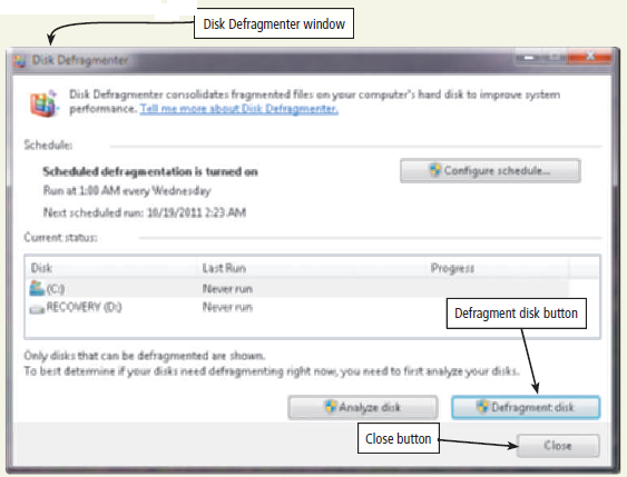Maintain a Hard Disk A computer's hard disk is used for the majority of storage requirements. It is important, therefore, to ensure that each hard disk on a computer is operating at peak efficiency. Three tasks that maximize disk operations are detecting and repairing disk errors by using the Check Disk utility program; removing unused or unnecessary files and folders by using the Disk Cleanup utility program; and consolidating files and folders into contiguous storage areas using the Disk Defragmenter utility program. a. Check Disk To detect and repair disk errors using the Check Disk utility program, complete the following steps: 1. Click the Start button on the Windows taskbar and then click Computer on the Start menu. 2. When the Computer window opens, right-click the hard disk icon for drive C (or any other hard disk you want to select) and then click Properties on the shortcut menu. 3. In the Properties dialog box, if necessary, click the Tools tab to display the Tools sheet. The Tools sheet contains buttons to start the Check Disk program, the Defragment program, and the Backup program (Figure). Figure 4. Click the Check now button to display the Check Disk dialog box. 5. To do a complete scan of the disk and correct any errors that are found, place a checkmark in the 'Scan for and attempt recovery of bad sectors' check box, and then click the Start button. Four phases of checking the disk will occur. While the checking is in progress, the disk being checked cannot be used for any purpose whatsoever; furthermore, once it has started, the process cannot be stopped. If the Check Disk program cannot check the disk because it is in use, you can schedule the disk check to run next time you start the computer. 6. When the four phases are complete (this may take more than one-half hour, depending on the size of the hard disk and how many corrections must occur), a dialog box is displayed with the message, Disk Check Complete. Click the OK button in the dialog box. B. Cleanup Disk After checking the disk, your next step can be to clean up the disk by removing any programs and data that are not required for the computer. To do so, complete the following steps: 1. Click the General tab (Figure) in the disk drive Properties dialog box to display the General sheet. Figure 2. Click the Disk Cleanup button in the General sheet to display the Disk Cleanup Options dialog box. 3. The Disk Cleanup dialog box is displayed and contains a message that indicates the amount of space that can be freed up is being calculated. 4. After the calculation is complete, the Disk Cleanup dialog box specifies the amount of space that can be freed up and the files to delete, some of which are selected automatically (Figure). Select those items from which you wish to delete files. Figure 5. Click the OK button in the Disk Cleanup dialog box. 6. A dialog box asks if you are sure you want to perform these actions. Click the Delete Files button. The Disk Cleanup dialog box illustrates the progress of the cleanup. When the cleanup is complete, the dialog box closes. C. Defragment Disk The next step in disk maintenance is to defragment all the files on the disk. When a file is stored on disk, the data in the file sometimes is stored contiguously, and other times is stored in a noncontiguous manner. When a file is stored in a noncontiguous manner, it can take significantly longer to find and retrieve data from the file. One of the more useful utilities to speed up disk operations, therefore, is the defragmentation program, which combines all files so that no files are stored in a noncontiguous manner. To use the defragmentation program, complete the following steps: 1. If necessary, click the Tools tab (Figure) in the Properties dialog box for the hard disk to be defragmented. Figure 2. Click the Defragment now button in the Tools sheet to open the Disk Defragmenter window (Figure). This window displays the Disk Defragmenter schedule, when Disk Defragmenter was run last, and when Disk Defragmenter is scheduled to run next. Figure 3. Click the Defragment disk button to begin the defragmentation process. During the defragmentation process, the Stop operation button replaces the Defragment disk button. The defragmentation process can consume more than one hour in some cases. You can cancel the operation at any time by clicking the Stop operation button in the Disk Defragmenter window. 4. When the process is complete, the Defragment disk button will replace the Stop operation button. 5. Click the Close button to close the Disk Defragmenter window. Caution: The exercises for this chapter that require actual disk maintenance are optional. If you are performing these exercises on a computer that is not your own, obtain explicit permission to complete these exercises. Keep in mind that these exercises can require significant computer time and the computer may be unusable during this time. Display the Properties dialog box for a hard disk found on the computer. Display the Tools sheet. Click the Check now button and then place a check mark in the 'Scan for and attempt recovery of bad sectors' check box. Click the Start button. How long did it take to complete the check of the hard disk? Were any errors discovered and corrected? Submit your answers to your instructor.