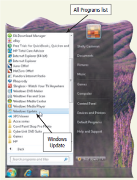 Learn How To 3: Keep Windows Up-to-Date Keeping Windows up-to-date is a critical part of keeping your computer in working order. The updates made available by Microsoft for no charge over the Internet can help to keep errors from occurring on your computer and attempt to ensure that all security safeguards are in place. To update Windows, complete the next steps: 1. Click the Start button on the Windows taskbar, click All Programs, and then click Windows Update in the All Programs list (Figure) to display the Windows Update window. 2. Click the link indicating that updates are available. 3. If necessary, select those updates you wish to install and then click the OK button. Be aware that some updates might take 20 minutes or more to download and install, based primarily on your Internet access speed. 4. Often, after installation of updates, you must restart your computer to allow those updates to take effect. Be sure to save any open files before restarting your computer. You also can schedule automatic updates for your computer. To do so, complete the following steps: 1. Click the Start button on the Windows taskbar and then click Control Panel on the Start menu. 2. In the Control Panel window, click System and Security to open the System and Security window. 3. In the System and Security window, click 'Turn automatic updating on or off' to open the Change settings window (Figure). 4. Select the option you want to use for Windows updates. Microsoft, together with all security and operating system experts, strongly recommends you select 'Install updates automatically' so that updates will be installed on your computer automatically. Notice that if you select 'Install updates automatically', you also should select a time when your computer will be on and be connected to the Internet. A secondary choice is to download the suggested updates and then choose when you want to install them, and a third choice allows you to check for updates and then choose when you want to download and install them. 5. When you have made your selection, click the OK button in the Change settings window. Updating Windows on your computer is vital to maintain security and operational integrity. Exercises Open the Windows Update window. Make a list of the important updates to Windows on the computer you are using. Add to the list the optional updates that are available. If you are using your own computer, install the updates of your choice on your computer. Submit the list of updates to your instructor.