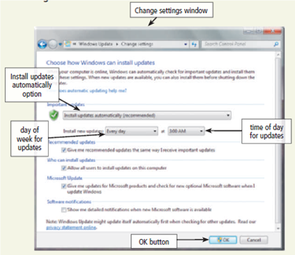 Learn How To 3: Keep Windows Up-to-Date Keeping Windows up-to-date is a critical part of keeping your computer in working order. The updates made available by Microsoft for no charge over the Internet can help to keep errors from occurring on your computer and attempt to ensure that all security safeguards are in place. To update Windows, complete the next steps: 1. Click the Start button on the Windows taskbar, click All Programs, and then click Windows Update in the All Programs list (Figure) to display the Windows Update window. 2. Click the link indicating that updates are available. 3. If necessary, select those updates you wish to install and then click the OK button. Be aware that some updates might take 20 minutes or more to download and install, based primarily on your Internet access speed. 4. Often, after installation of updates, you must restart your computer to allow those updates to take effect. Be sure to save any open files before restarting your computer. You also can schedule automatic updates for your computer. To do so, complete the following steps: 1. Click the Start button on the Windows taskbar and then click Control Panel on the Start menu. 2. In the Control Panel window, click System and Security to open the System and Security window. 3. In the System and Security window, click 'Turn automatic updating on or off' to open the Change settings window (Figure). 4. Select the option you want to use for Windows updates. Microsoft, together with all security and operating system experts, strongly recommends you select 'Install updates automatically' so that updates will be installed on your computer automatically. Notice that if you select 'Install updates automatically', you also should select a time when your computer will be on and be connected to the Internet. A secondary choice is to download the suggested updates and then choose when you want to install them, and a third choice allows you to check for updates and then choose when you want to download and install them. 5. When you have made your selection, click the OK button in the Change settings window. Updating Windows on your computer is vital to maintain security and operational integrity. Optional: If you are not using your own computer, do not complete this exercise. Open the Control Panel, click System and Security, and then click 'Turn automatic updating on or off'. Select the level of automatic updates you want to use. Write a report justifying your choice of automatic updates and then submit the report to your instructor.