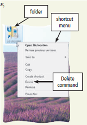 Learn How To 1: Organize and Manage Files on a Computer Introduction In Learn How To 1 in Chapter 3 (page 188), you learned the procedure for saving a file. In this Learn How To activity, you will learn how to manage files using folders and how to find a file if you cannot remember where you saved it. Folders A folder is a virtual container where you can store a file on media. When you store any file, the file must be stored in a folder. The folder symbol, together with the folder name, identifies a folder. You can create folders in a variety of ways. To create a folder on the desktop, complete the following steps: 1. Right-click the desktop in a location that does not contain an icon or toolbar. 2. Point to New on the shortcut menu that is displayed (Figure). 3. Click Folder on the New submenu. 4. When the folder icon is displayed on the desktop, type the name you want to assign to the folder and then press the enter key. You should choose a name that identifies the contents of the folder. A folder can contain other folders. This allows you to organize your files in a hierarchical manner so that the highest-level folder contains all the folders for a given subject, and lower-level folders contain more specific files and folders. For example, your highest-level folder could be named Fall Semester. For each class, such as Computer Information Systems 110, you could define a folder within the Fall Semester folder. Within each class folder, you could define folders for each week of the class, or for each project or assignment within the class. In this manner, you would have a set of folders, each designated for a specific use. You then would save your files in the appropriate folder. To create a folder within a folder, complete the following steps: 1. Double-click the folder name either on the desktop or in the window or dialog box in which the folder name appears. 2. Click the New folder button. 3. When the folder icon is displayed, type the name you want to assign to the folder, and then press the enter key. To delete a folder, complete the following steps: 1. Right-click the folder. 2. On the shortcut menu that is displayed (Figure), click Delete. 3. In the Delete Folder dialog box, click the Yes button. When you delete a folder, all the files and folders contained in the folder you are deleting, together with all files and folders on the lower hierarchical levels, are deleted. If you accidentally delete a folder, complete the following steps: 1. Double-click the Recycle Bin icon on the desktop. 2. In the Recycle Bin window, select the folder you wish to restore. 3. Click the 'Restore this item' button. Using folders effectively will aid you in keeping track of files you create for your classes. Assume you are taking the following courses: Computer Information Systems 120, History 210, English 145, Marketing 221, and Business Law 120. Define the hierarchy of folders you would create for these classes. In which folder would you store an assignment from English 145 that was assigned in the sixth week of class? Submit your answers to your instructor.