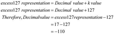 a. The provided 8-bit unsigned binary number is 00010001. Here, the 0 th and 4 th position of the binary number is occupied by the value 1. Therefore, the conversion of the unsigned binary number 00010001 into a decimal number can be made as follows:   Hence, the equivalent decimal value for the provided unsigned number binary number 00010001 is   . b. The following explains about the signed-magnitude representation of a binary number. • If the most significant bit (MSB) of a binary number is considered as a sign bit, then the representation is said to be known as signed-magnitude representation. The sign bit will determine whether the binary number is a positive number or a negative number. • If the MSB of the binary value is 1, then the binary value is said to be a negative number. • If the MSB of the binary value is 0, then the binary value is said to be a positive number. Here, the provided signed-magnitude representation of the binary value is 00010001. The MSB of the binary number is 0. Hence the binary number is said to be a positive number. The 0 th and 4 th position of the binary number is occupied by the value 1.   Hence, the equivalent decimal value for the provided signed-magnitude representation of the binary number 00010001 is   . c. Converting all the binary values 1 into 0 and 0 into 1 in a binary number is said to be known as one's complement representation. An 8-bit binary number 00010001 is provided such that it is the one's complement representation. The conversion of the one's complement representation of a binary value 00010001 into a decimal value can be made as follows:   The equivalent decimal value of the one's complement representation of a binary number 00010001 is   . d. Converting all the binary values 1 into 0 and 0 into 1 in a binary number is said to be known as one's complement representation. Adding 1 to the resultant binary value of the one's complement representation is said to be the two's complement representation. An 8-bit binary number 00010001 is provided such that it is used as the two's complement representation. The conversion of the two's complement representation of the binary number 00010001 into a decimal value can be done as follows:   The equivalent decimal value of the two's complement representation of the binary number 00010001 is   . e. The decimal value 127 named as k is added with the provided binary value to produce a result. This is said to be the excess-127 representation. Here, the binary number 00010001 is the excess-127 representation, and then the equivalent decimal number can be found as follows:   Therefore, the equivalent decimal value for the excess-127 representation of the binary number 0001001 is   .