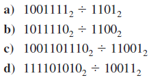Find the quotients and remainders for the following division problems modulo 2.  <div style=padding-top: 35px> 
