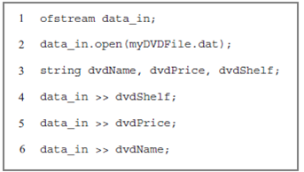 Opening Files and Performing File Input  In this exercise, you use what you have learned about opening a file and getting input into a program from a file. Study the following code, and then answer Questions. Figure 1 Code for Exercise     Describe the error on line 1, and explain how to fix it.
