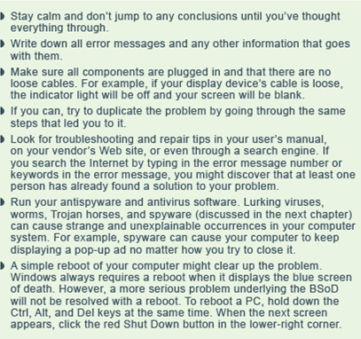 Think about the last time you had a problem with computer hardware or software. Would any of the steps in Figure have helped you solve the problem faster? If not, what guidelines would you add to the list in the figure? Figure Troubleshooting Tips  <div style=padding-top: 35px> 