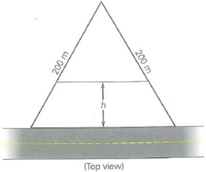 A farmer owns a piece of land in the shape of an equilateral triangle, 200 m on a side, which is totally fenced in. He wishes to construct an additional fence parallel to the side fronting the road (Fig.) so that the area fronting the road takes up one-third of the total area. This area will be for Iris horses. On the remaining two-thirds he plans to construct his dream home. How far back from the road (shown as the distance h ) should the fence be located FIGURE Don't fence me in See Exercise.