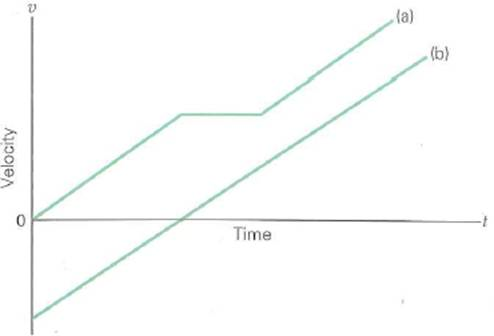 Describe the motions of the two objects that have the velocity-versus-time plots shown in Fig. FIGURE Description of motion See Conception Question.