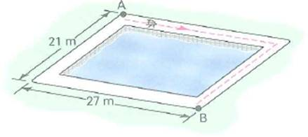 An insect crawls along the edge of a rectangular swimming pool of length 27 m and width 21 m (Fig.). If it crawls from corner A to corner B in 30 min, (a) what is its average speed, and (b) what is the magnitude of its average velocity FIGURE Speed versus velocity See Exercise. (Not drawn to scale; insect is displaced for clarity.)