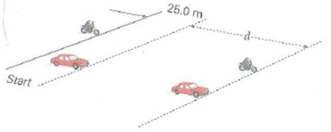 A car and a motorcycle start from rest at the same time on a straight track, but the motorcycle is 25.0 m behind the car (Fig.). The car accelerates at a uniform rate of 3.70 m/s 2 and the motorcycle at a uniform rate of 4.40 m/s 2. (a) How much time elapses before the motorcycle overtakes the car (b) How far will each have traveled during that time (c) How far - ahead of the car will the motorcycle be 2.00 s later (Both vehicles are still accelerating.) FIGURE A tie race See Exercise. (This figure is not drawn to scale.)