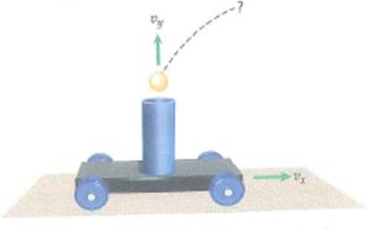 In Fig., a spring-loaded cannon on a wheeled car fires a metal ball vertically. The car is given a push and set in motion horizontally with constant velocity. A pin is pulled with a string to launch the ball, which travels upward and then falls back into the moving cannon every time. Why does the ball always fall back into the cannon Explain. FIGURE A ballistics car See Conceptual Question.