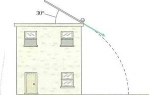 A ball rolls down a roof that makes an angle of 30° to the horizontal (Fig.). It rolls off the edge with a speed of 5.00 m/s. The distance to the ground from that point is two stories or 7.00 m. (a) How long is the ball in the air (b) How far from the base of the house does it land (c) What is its speed just before landing FIGURE There she rolls See Exercise. (Not drawn to scale.)
