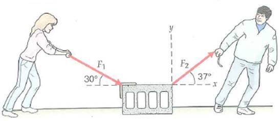A 5.0-kg block at rest on a frictionless surface is acted on by forces F 1 = 5.5 N and F 2 = 3.5 N as illustrated in Fig. What additional force will keep the block at rest      FIGURE Two applied forces See Exercise.