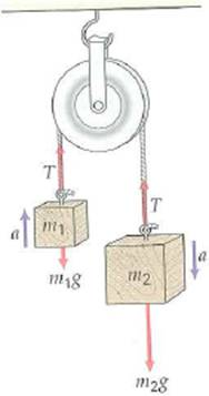 The Atwood machine consists of two masses suspended from a fixed pulley, as shown in Fig.. It is named after the British scientist George Atwood (1746-1807), who used it to study motion and to measure the value of g. If m 1 = 0.55 kg and m 2 = 0.80 kg, (a) what is the acceleration of the system, and (b) what is the magnitude of the tension in the string FIGURE Atwood machine See Exercise.