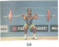 (a) As a weightlifter lifts a barbell from the floor in the clean procedure (Fig. a), has he done work Why or why not (b) In raising the barbell above his head in the jerk procedure, is he doing work Explain. (c) In holding the barbell above his head (Fig. b), is he doing more work, less work, or the same amount of work as in lifting the barbell Explain. (d) If the weightlifter drops the barbell, is work done on the barbell Explain what happens in this situation. FIGURE Man at work See Conceptual.
