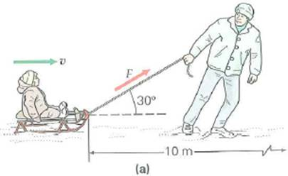 A father pulls his young daughter on a sled with a constant velocity on a level surface a distance of 10 m, as illustrated in Fig. a. If the total mass of the sled and the girl is 35 kg and the coefficient of kinetic friction between the sled runners and the snow is 0.20, how much work does the father do FIGURE Fun and work See Exercises.