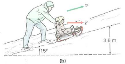 A father pushes horizontally on his daughter's sled to move it up a snowy incline, as illustrated in Fig. b. If the sled moves up the hill with a constant velocity, how much work is done by the father in moving it from the bottom to the top of the hill (Some necessary data are given in Exercise.) FIGURE Fun and work See Exercise. Exercise A father pulls his young daughter on a sled with a constant velocity on a level surface a distance of 10 m, as illustrated in Fig. a. If the total mass of the sled and the girl is 35 kg and the coefficient of kinetic friction between the sled runners and the snow is 0.20, how much work does the father do FIGURE Fun and work See Exercise.