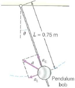 A pendulum swinging in a circular arc under the influence of gravity, as shown in Fig., has both centripetal and tangential components of acceleration. (a) If the pendulum bob has a speed of 2.7 m/s when the cord makes an angle of = 15° with the vertical, what are the magnitudes of the components at this time (b) Where is the centripetal acceleration a maximum What is the value of the tangential acceleration at that location FIGURE A swinging pendulum See Exercise.