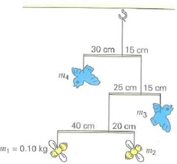 An artist wishes to construct a birds and bees mobile, as shown in Fig. If the mass of the bee on the lower left is 0.10 kg and each vertical support string has a length of 30 cm, what are the masses of the other birds and bees (Neglect the masses of the bars and strings.) FIGURE Birds and bees See Exercise.