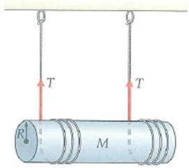 A uniform 2.0-kg cylinder of radius 0.15111 is suspended by two strings wrapped around it (Fig.). As the cylinder descends, the strings unwind from it. What is the acceleration of the center of mass of the cylinder (Neglect the mass of the string.) FIGURE Unwinding with gravity See Exercise.